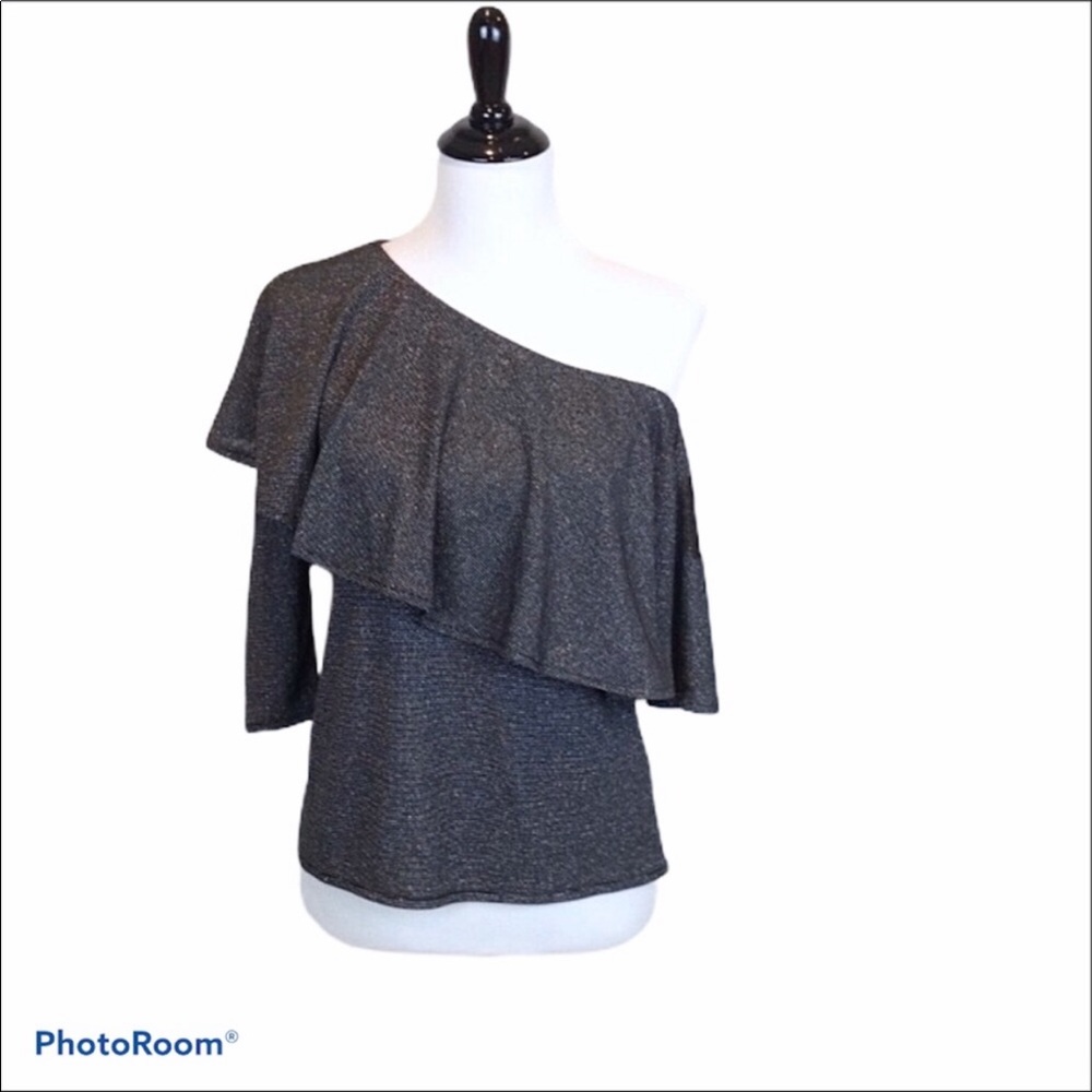 Belle Sky one shoulder 3/4 sleeve ruffle black and silver blouse